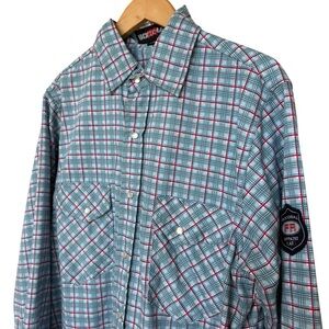 Bocomal Men's Large Tall Blue Plaid Flame Resistant Pearl Snap Work Shirt Casual